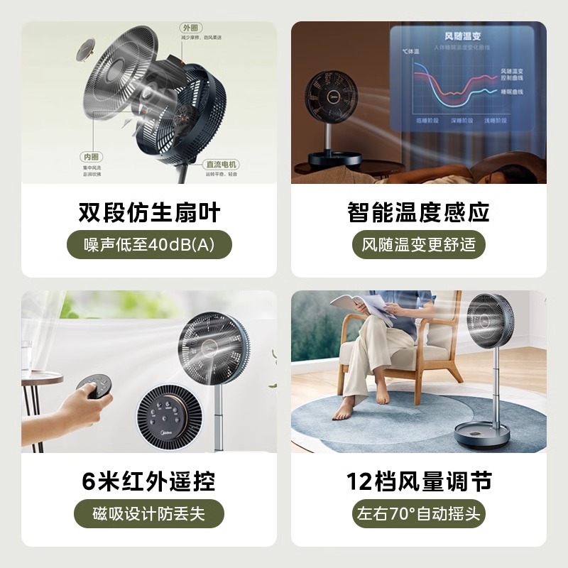 美的落地电风扇折叠循环扇多功能轻音伸缩家用户外露营充电台式