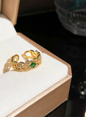 微镶绿色锆石戒指女百搭小众设计高级感开口指环戒辣妹手饰品