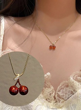 韩版红色樱桃项链ins小众设计颈链韩风高颜值闺蜜饰品毛衣项链女