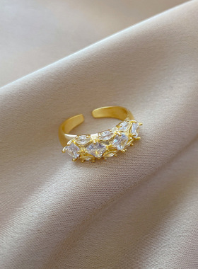 【真金】方块满锆婚戒戒指开口可调节款简约手饰日系指环情侣对戒