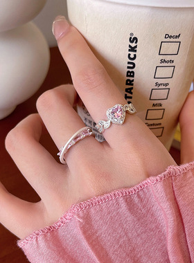 韩系爆款粉色爱心锆石戒指女开口可调节食指戒网红同款指环