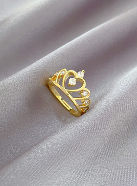 【真金】皇冠缕空时尚戒指开口可调节款简约手饰日系指环情侣对戒