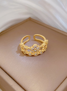 【真金】幸运草满钻戒指开口可调节款简约手饰日系指环情侣对戒