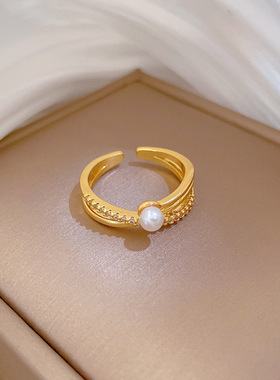 【真金】交叉珍珠满钻戒指开口可调节款简约手饰日系指环情侣对戒