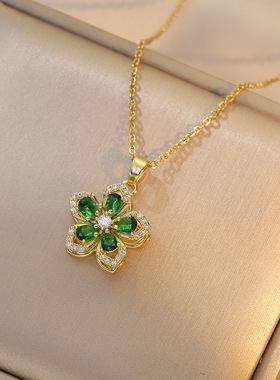 项链女网红旋转紫荆花锆石花朵小众轻奢新款设计吊坠气质钛钢项链