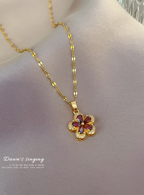【钛钢】石榴红五叶花轻奢气质华丽满钻项链女百搭锁骨链钛钢链条