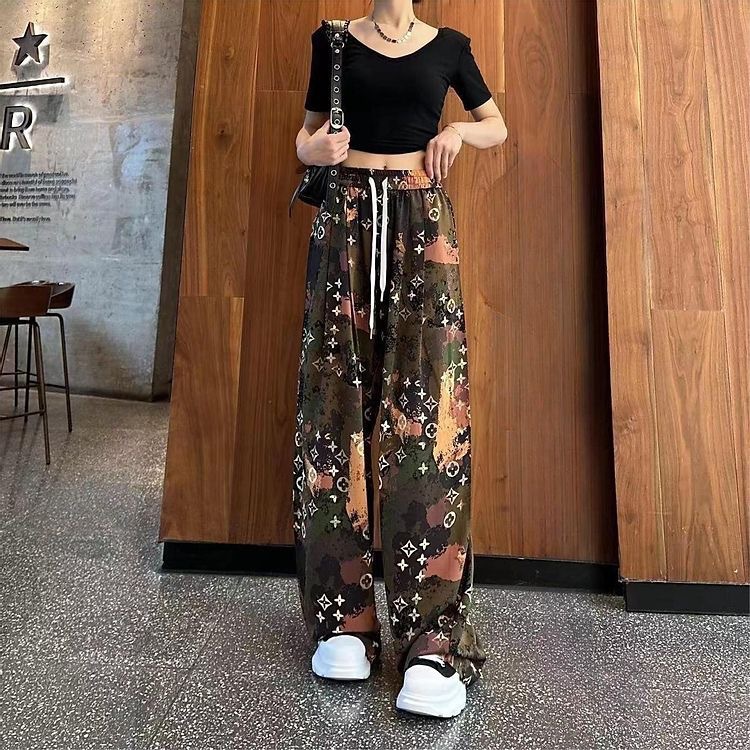 DH-印花水墨冰丝阔腿裤女夏季高腰显瘦山本裤宽松直筒休闲遛弯裤_小香风国潮_女装/女士精品-第2张图片-提都小院