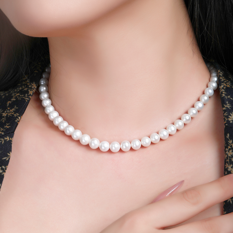 千叶珠宝淡水珍珠项链天然极强光s925银倪妮珠8-9mm送妈妈礼物