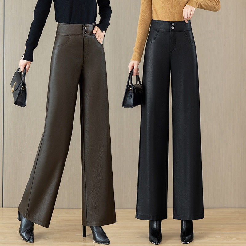 垂感柔软时尚皮裤女2026春秋新款高腰直筒裤子双扣休闲PU皮阔腿裤,淘宝优惠券,粉丝福利购,淘宝优惠卷