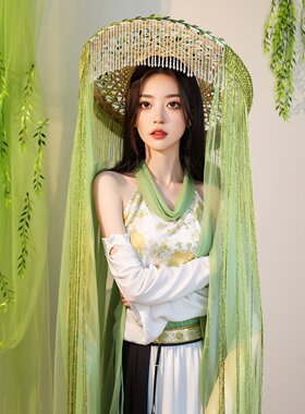 古风珠链斗笠绿色汉服帷帽暮篱杨柳意纱幔帽子遮脸幕帘拍照道具女
