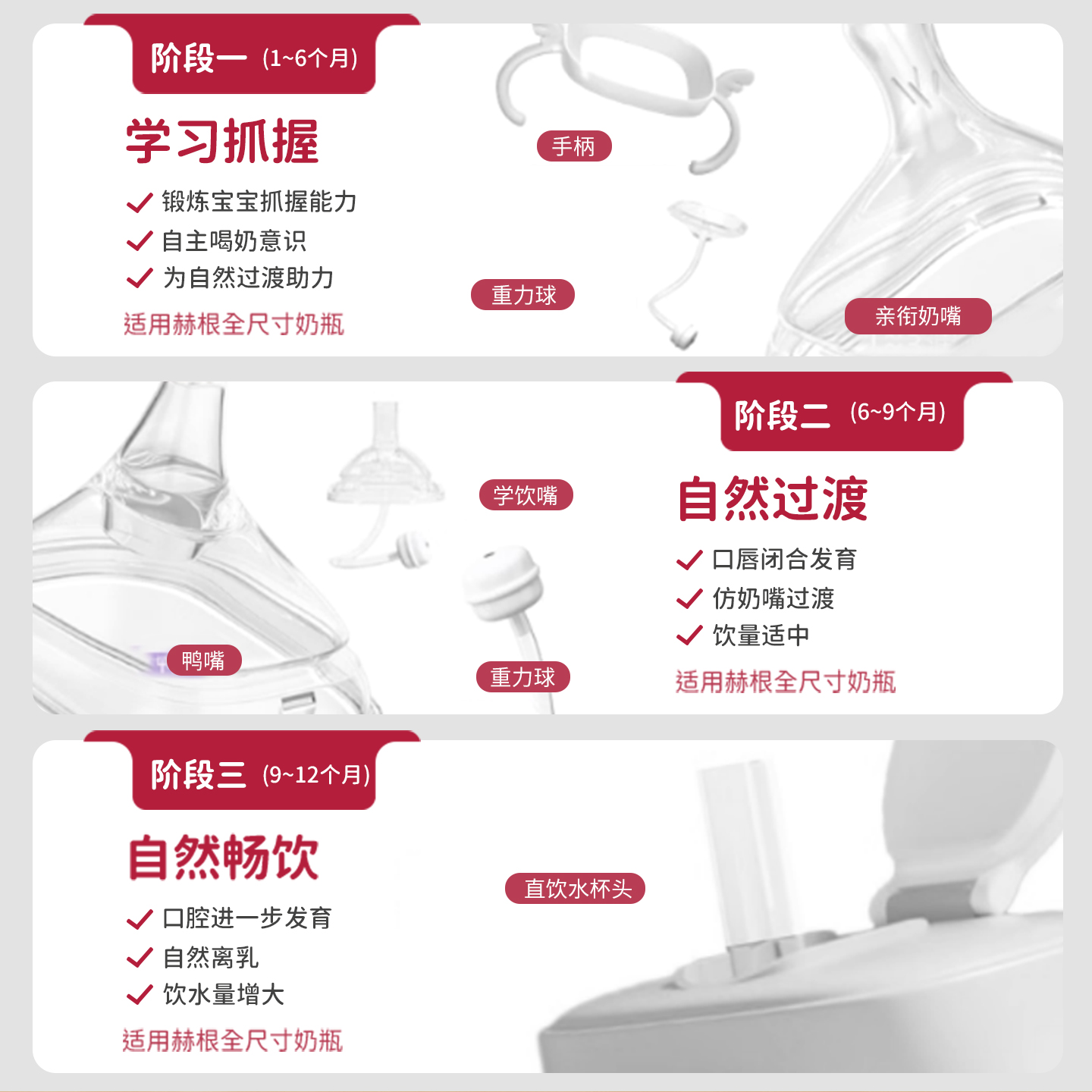 适配赫根hegen奶瓶三段奶嘴鸭嘴学饮配件直饮吸管杯盖重力球手柄 - 图0