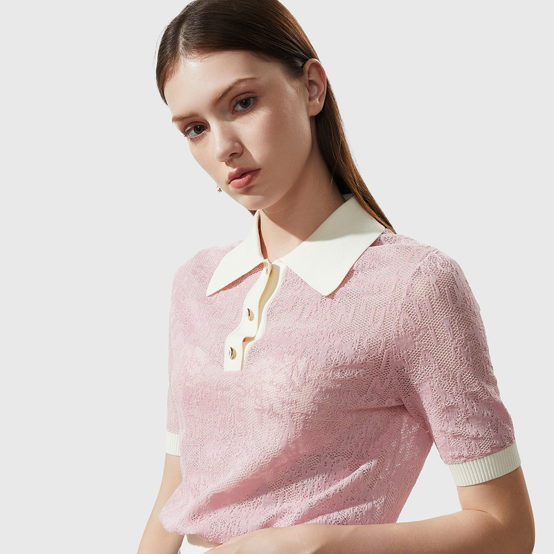 CNC品牌轻奢女装春夏新款小香风针织衫女粉色短袖纯棉polo衫 - 图2