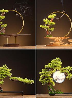 新中式风化实木灯圈倒流香炉装饰摆件可发光底座客厅玄关创意摆设