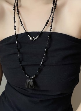 复古日韩暗黑黑珠马头长款项链女款配饰叠戴个性多层颈链小众气质