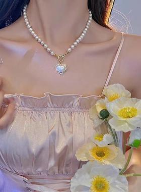 日韩ins新款超仙气质仿珍珠爱心项链 冷淡风甜美简约OT扣锁骨链女
