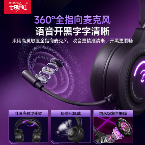 七彩虹T100头戴式耳机有线电竞游戏专用耳麦台式笔记本电脑USB - 图2