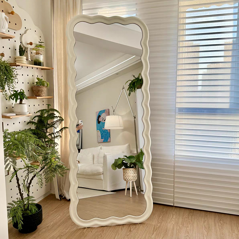 网红奶油风落地全身镜ins波浪形服装店试衣镜卧室衣间壁挂穿衣镜 - 图1