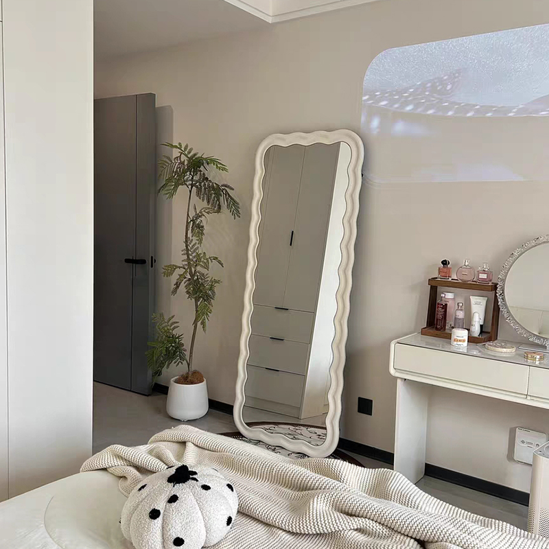 网红奶油风落地全身镜ins波浪形服装店试衣镜卧室衣间壁挂穿衣镜 - 图0