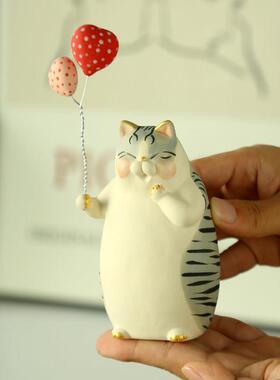 日式手作治愈可爱呆萌气球猫咪周边居家客厅桌面陶瓷装饰品小摆件