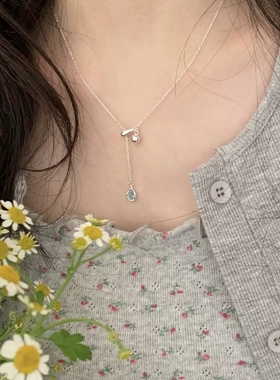 S925纯银蓝色水滴锆石吊坠项链女流苏小众设计感气质抽拉式锁骨链