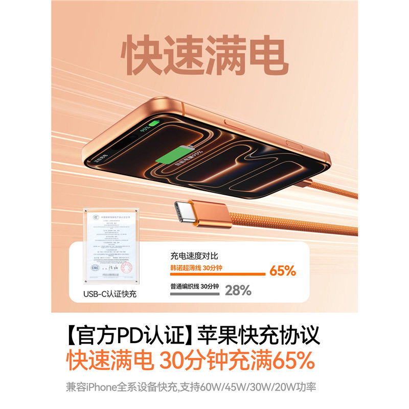 适用苹果15/16/17橙编织Type-C快充数据线60W车载充电全机型适用,淘宝优惠券,粉丝福利购,淘宝优惠卷