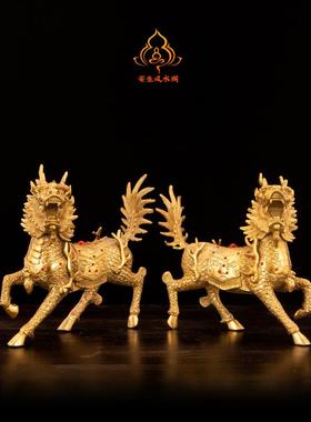 纯铜麒麟摆件一对黄铜火麒麟招财客厅办公室纯家用福禄麒麟大小号