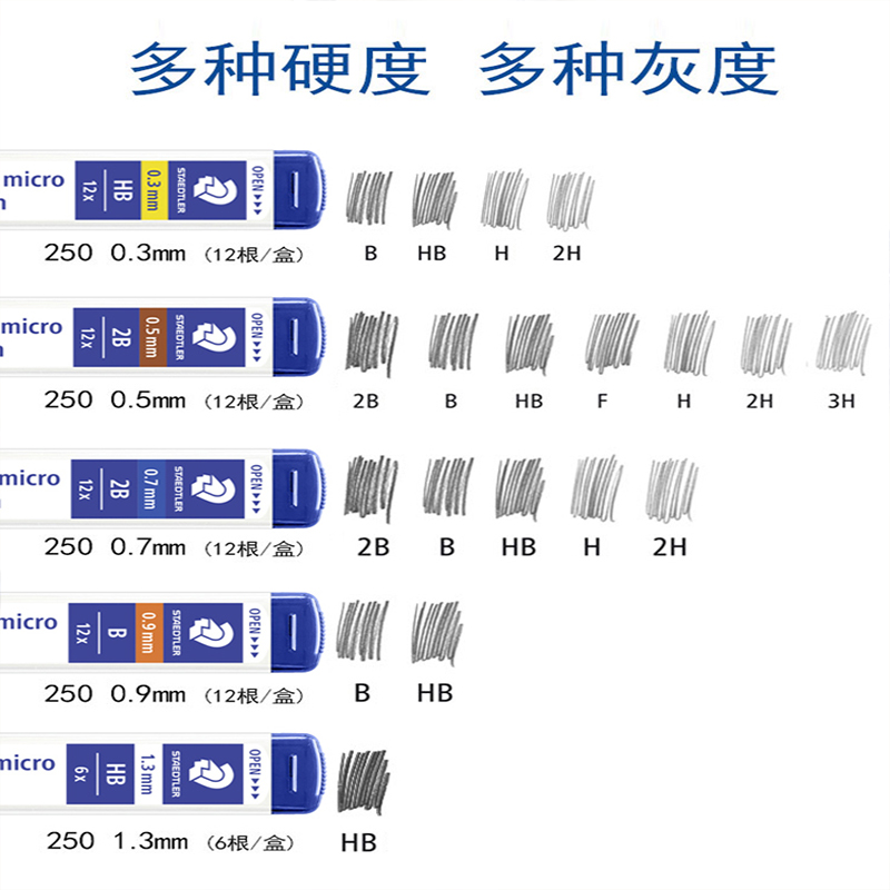 施德楼250铅芯自动铅笔芯0.3|0.5|0.7|0.9|1.3mm2BHB防断替芯小学生写不断铅芯2B/HB/2H按动笔替芯进口铅芯-图1