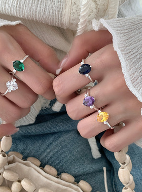 S925纯银彩色锆石开口戒指女简约