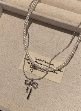 韩系甜美气质银色蝴蝶结双层