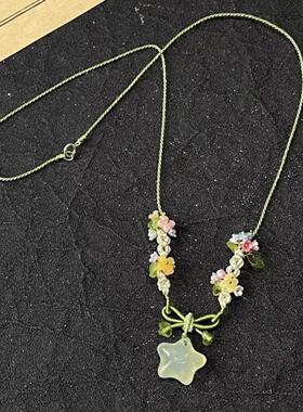 夏日冰透绿色水晶五角星吊坠项链