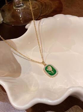 春夏小清新猫眼石郁金香钛钢项链