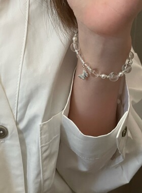 s925纯银玻璃白水晶碎银子蝴蝶手