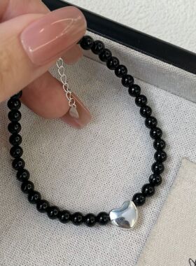 S925纯银黑玛瑙爱心串珠手链项链
