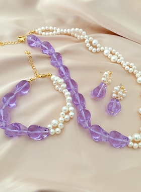 小众设计绿色紫色编织耳钉天然淡水珍珠巴洛克设计感耳环手链项链