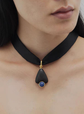 复古黑檀木丝带缠绕长款锁骨链