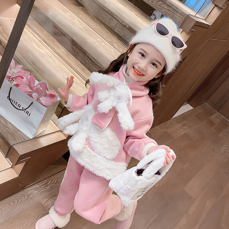 女童兔子卫衣加绒套装2023新款女宝宝冬装洋气时髦加厚保暖三件套