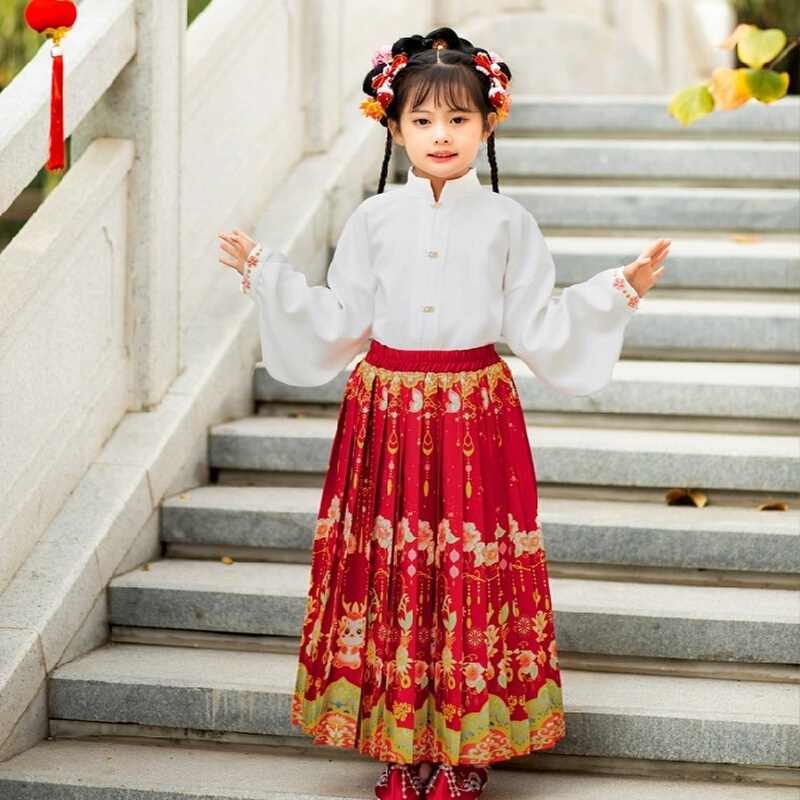 儿童裙子2023新款秋冬季马面裙加绒加厚龙年汉服女童拜年礼服套装