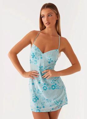 Women's Mini Dress Sequins Flower Embroidery Sleeveless Cami