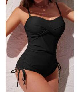 Women ' s Plain Tankini Set , Casual Criss Cross Drawstring