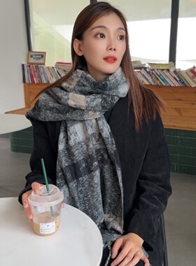 秋冬新款拼色格子围巾女加厚保暖情侣围脖韩版学生高级感百搭披肩