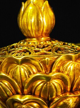 藏式尼泊尔工艺纯铜莲花行炉精品仿古鎏金莲花如意香熏Y炉八寸摆