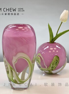轻奢现代厚重粉色琉璃圆形玻璃C花瓶样板间售楼处客厅家居饰品