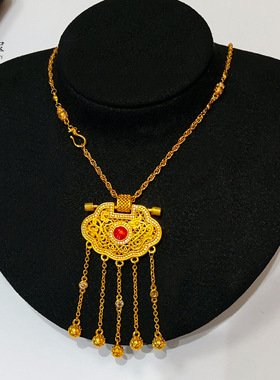 金店同款越南沙金点钻龙凤流苏锁包吊坠项链镂空天子门生项链复古