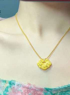 古法沙金小菊花锁包项链吊坠女金蕊流霞平安长命锁锁骨链礼物