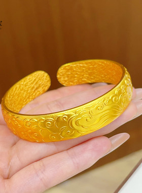 新中式越南沙金錾刻如意祥云纹手镯实心釉面开口镯子国风防黄金色