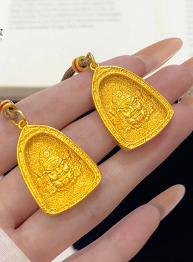 金店同款越南沙金不掉色錾刻三角牌黄财神吊坠项链金刚杵挂坠国风
