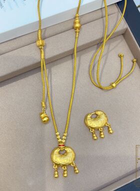 古法越南沙金999百福葫芦吊坠单坠流苏铃铛锁包项链平安锁不掉色