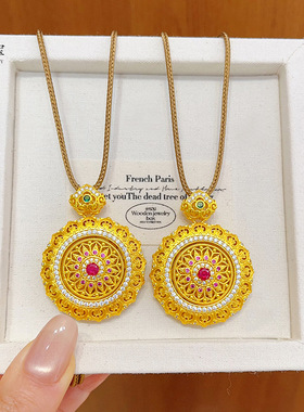 金店款越南沙金窗花如意可转动罗盘吊坠项链镂空花丝圆牌挂坠防金