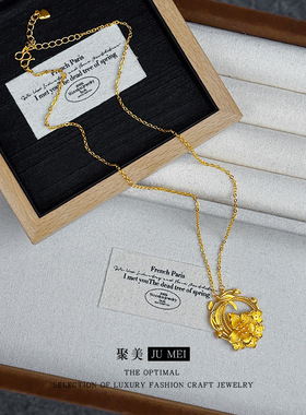 越南沙金999新中式国风花团锦簇项链女高级感沙金富贵花锁骨链