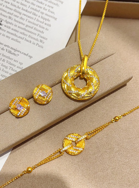 金店同款越南沙金不掉色点钻鎏光织金甜甜圈项链拉丝编织花环耳钉